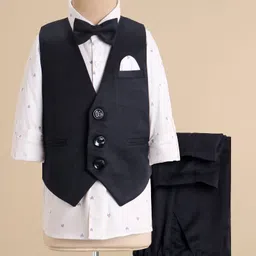 Robo Fry Cotton Woven Full Sleeves Printed Party Suit with Waist Coat & Bow - Blue-image-66
