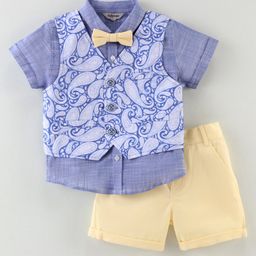 ToffyHouse Cotton Woven Half Sleeves Shirt & Shorts Set with Kolka Printed Waistcoat & Bow - Blue & Lemon Yellow-image-57