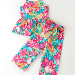 CrayonFlakes Rayon Sleeveless Fruits & Floral Printed Coordinating Top With Belted Palazzo - Pink-image-5