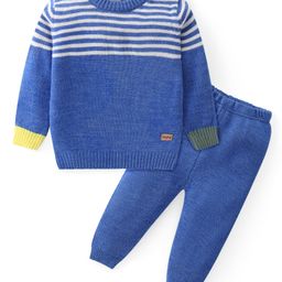 Babyhug Knit Full Sleeves Striped Sweater & Pant Set - Blue-image-91