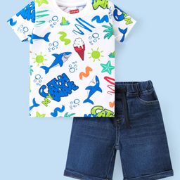 Babyhug Cotton Knit Half Sleeves T-Shirt & Denim Shorts Set With Shark Print - White & Blue-picture-12