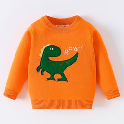 Kookie Kids Full Sleeves Pullover Sweater with Dino Design - Orange-image-20