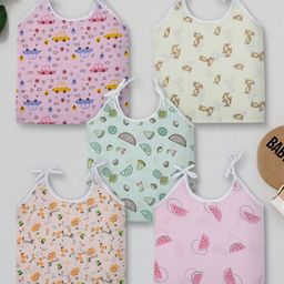 Baby Moo 100% Cotton Pack Of 5 Sleeveless Vehicles & Animals Printed Jhablas - Pink Yellow Green & Orange-3