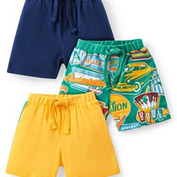 Babyhug Cotton Knit Shorts  with Car & Text Print Pack of 3 - Blue Green & Yellow-image-14