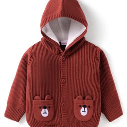 Babyhug Knitted Full Sleeves Front Open Hooded Sweater with Bear Embroidery & Applique - Dark Red-image-86