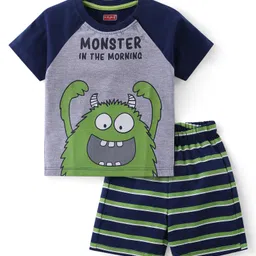 Babyhug Cotton Knit Half Sleeves Night Suit With Monster Print - Navy-picture-1