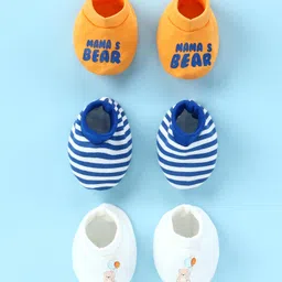 Doodle Poodle Interlock Cotton Knit Striped Teddy Bear & Text Print Booties Pack of 3 - Orange Blue & White-picture-20
