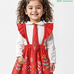 Babyoye 100% Cotton Knit Full Sleeves Peter Pan Collared Solid Colour Top with Floral Printed Skirt & Tie - Red & White-picture-20