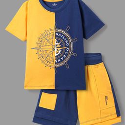 Ollington St. 100% Cotton Knit HalfSleeves T-Shirt & Shorts Set Compass Printed - Navy Blue & Yellow-image-84
