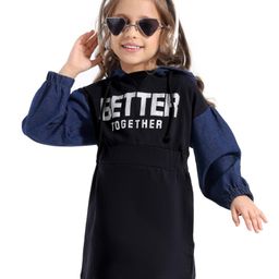 Ollington St. Cotton Denim Color Blocked Full Sleeves Hooded One Piece Dress With Text Print - Black & Indigo-image-7