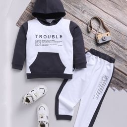 TOONYPORT Cotton Blend Full Sleeves Text Printed Hooded Sweatshirt With Joggers Set - White & Black-image-25