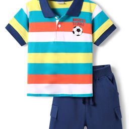 Babyhug Single Jersey Knit Half Sleeves Striped Polo T-Shirt & Shorts Set with Text Print - Navy Blue-image-132