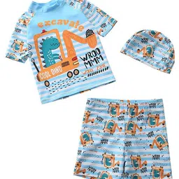 The Mom Store Half Raglan Sleeves Striped & Dinosaur Printed Coordinating Tee & Shorts With Cap Set - Blue-picture-0