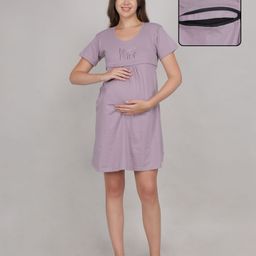 Fabme Cotton Jersey Half Sleeves Be Mine Text Printed Maternity Nighty With Nursing Access - Lavender-image-75