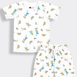 Orange Sugar 100% Cotton Knit Half Sleeves Bird Printed Tee & Coordinating Shorts Set - White-image-75