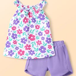 Babyhug Single Jersey Knit Sleeveless Top & Shorts Set with Floral Print - Purple & White-image-68
