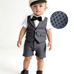 Mark & Mia Woven Half Sleeves Checks Party Romper With Attached Waistcoat & Bow - Charcoal Grey-image-16