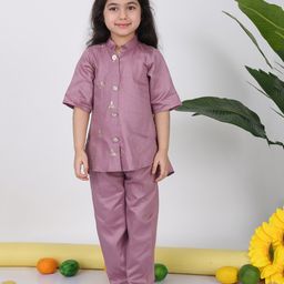 Kinder Kids Cotton Half Sleeves Sequin Embellished & Embroidered Kurta With Pant - Purple-image-42