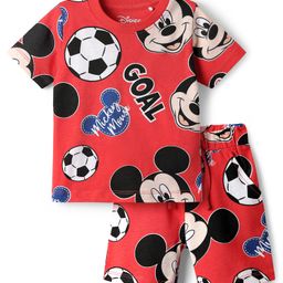 Babyhug Disney Single Jersey Knit Half Sleeves Co-ords Shorts Night Suit with Mickey Mouse Graphics - Red-image-62