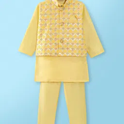 Ridokidz Full Sleeves Solid Kurta & Pyjama With Floral Embroidered & Sequins Embellished Jacket Set - Lemon-picture-22