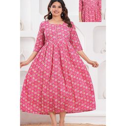 NEVISHA STYLE Cotton Woven Three Fourth Sleeves Floral Printed Maternity Kurta With Front Open Nursing Access - Pink-picture-25