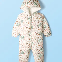 Babyhug Woven Full Sleeves Hooded Winter Romper With Floral Print - Off White-picture-10