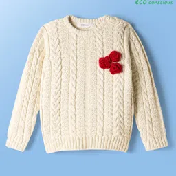 Babyoye Cotton Lurex Knit Full Sleeves Pullovers Sweater with Cable Knit Design & Crochet Flower - White-picture-4