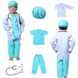 Sarvda Woven Full Sleeves Doctor Costume Set With Cap & Stethoscope - White & Green-image-56