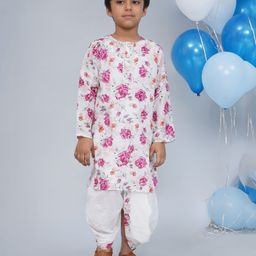 Little Bansi 100% Cotton Muslin Woven Full Sleeves Garden Rose Printed Kurta With Coordinating Dhoti - Cream-picture-5
