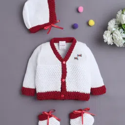 BUMZEE Knit Full Sleeves Cable Knit Design Solid Color Front Open Sweater with Cap & Booties - White & Maroon-picture-44