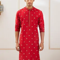 VASTRAMAY Men Geometric Embroidered Sequinned Cherry Red Kurta-picture-37