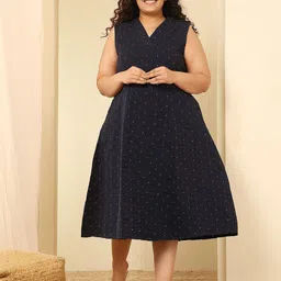 Amydus Women Plus Size Navy Blue Geometric Dobby Weave Sleeveless Cotton A-Line Midi Dress-picture-4