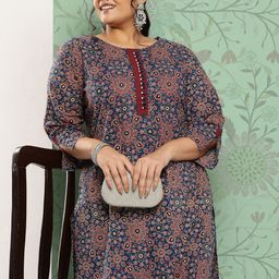 Yufta Plus Size Ethnic Motifs Printed Regular Pure Cotton Kurta with Trousers-image-37
