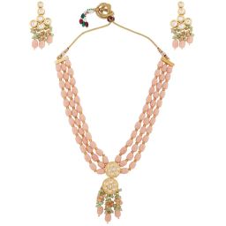 Zaveri Pearls Peach & Green Multi Strand Beaded Kundan Necklace & Earring Set-ZPFK13755 image 5