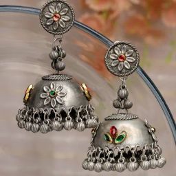Moedbuille Crystal Studded Antique Tassel Design Silver-Plated Dual Tone Tribal Jhumki Earrings-image-57