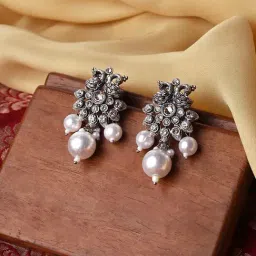 Teejh Mayurika Silver Oxidized Pearl Drop Earrings-image-90