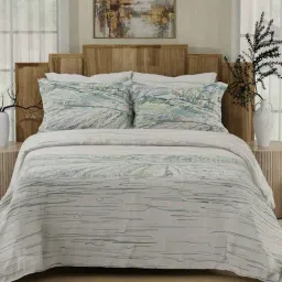 Boutique Living Gardenia Augusta White & Blue Cotton Abstract 300 TC King Flat Bedsheet with 2 Pillow Covers-picture-49