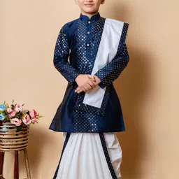 TAKE STYLE Boys Navy Blue Dupion Silk Embroidered Kurta Sets-picture-3