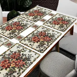 REVEXO 6Pc White & Green Printed Rectangle Costers & Table Placemats-53