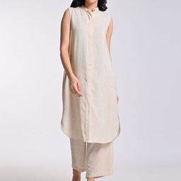 Saltpetre Band Collar Linen Tunic With Trouser Set-image-11