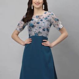 SELVIA Blue & Off-White Printed A-Line Dress-image-49