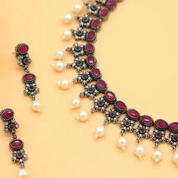 Teejh Ekladh Red Stone Silver Pearl Necklace & Earrings Set-image-91