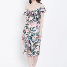 DODO & MOA Peach & Green Floral Print Shift Dress-image-71