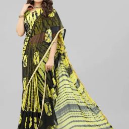 APNISHA Yellow & Black Printed Saree With Unstitched Blouse-picture-34