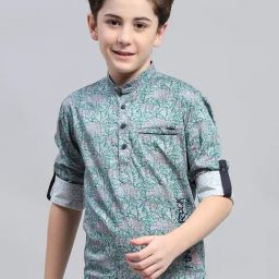 Monte Carlo Boys Green Printed Band Neck Pure Cotton Shirt-image-6