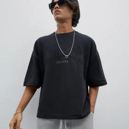 Nuon by Westside Black Text Embossed Relaxed-Fit Cotton T-Shirt-image-8