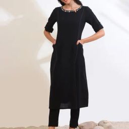 Aurelia Black Pure Cotton Embroidered Kurta-image-29