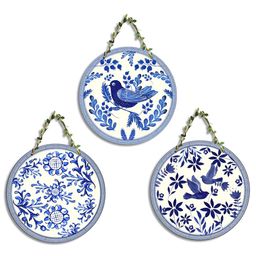 SEHAZ ARTWORKS New circle White & Blue 3 Pieces Printed Wooden Wall Hanging Decor-image-87