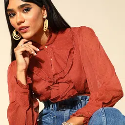 plusS Women Elegant Rust Self-Design Volume Play Top-image-18
