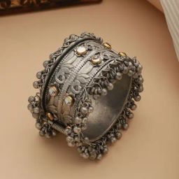 Aatmana Oxidized & Kundan Studded Silver Cuff Bracelet-24